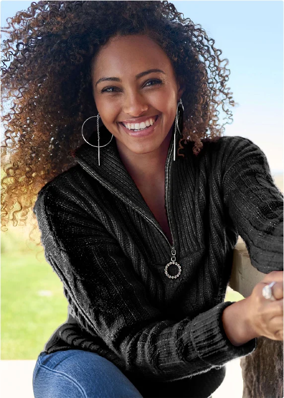 Quarter Zip Sweater - Black Silk Blend Satin Velvet