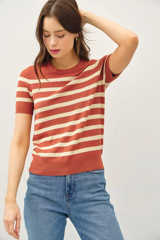 Lining Things Up Rust Striped Short Sleeve Sweater Top Graphic Sweater Embroidered Appliqued Lining Things Up Rust Striped Short Sleeve Sweater Top Graphic Sweater Embroidered Appliqued