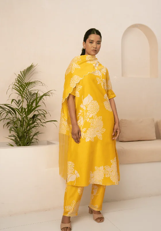 Yellow Floral Printed Tunic With Schiffli Sleeves And Pant With Dupatta Chic Slim Fit Pants