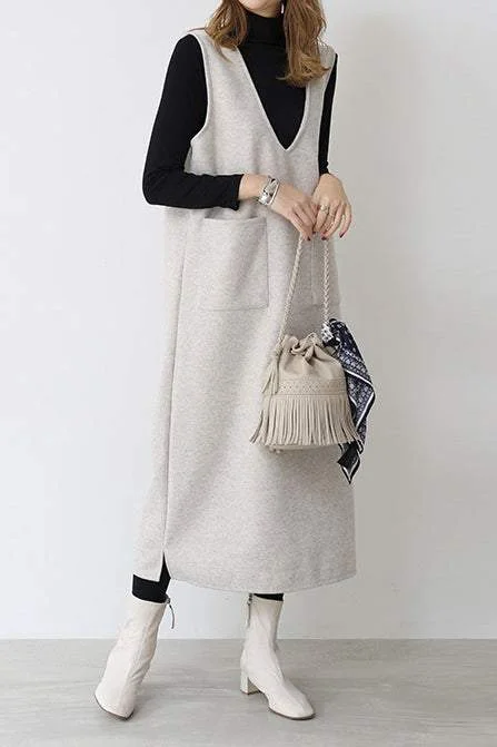 Plunging Neck Long Shift Jumper Skirt - 6 Colors Available cashmere skirt fine