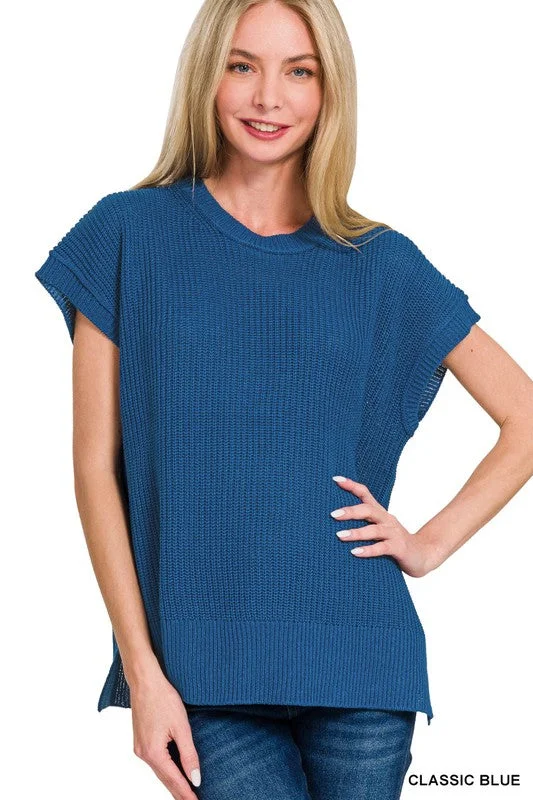 Just My Style Classic Blue Knit Sweater Vest Beaded Sweater Sequined Faux Fur