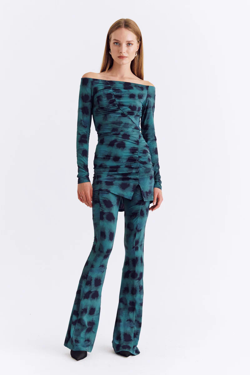 Suboo Shibori Gathered Print Pants - Green Print Classic Pleated Pants