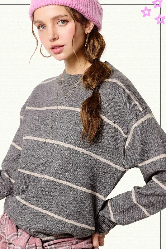 Looking Good Dark Grey Stripe Sweater Top (Size Large) Fleece Sweater Nylon Polyester Looking Good Dark Grey Stripe Sweater Top (Size Large) Fleece Sweater Nylon Polyester