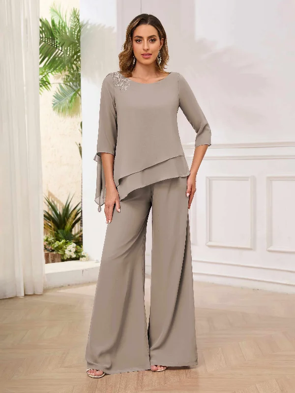 Lilian Asymmetrical Scoop Appliques Mother of the Bride & Groom Pantsuit Chic Checkered Pants