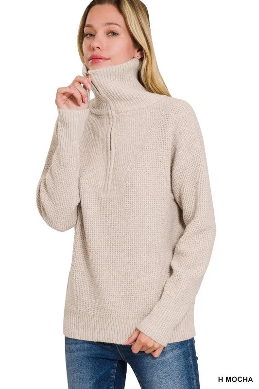 Zip It Up High Collar Heather Mocha Sweater Herringbone Houndstooth Plaid