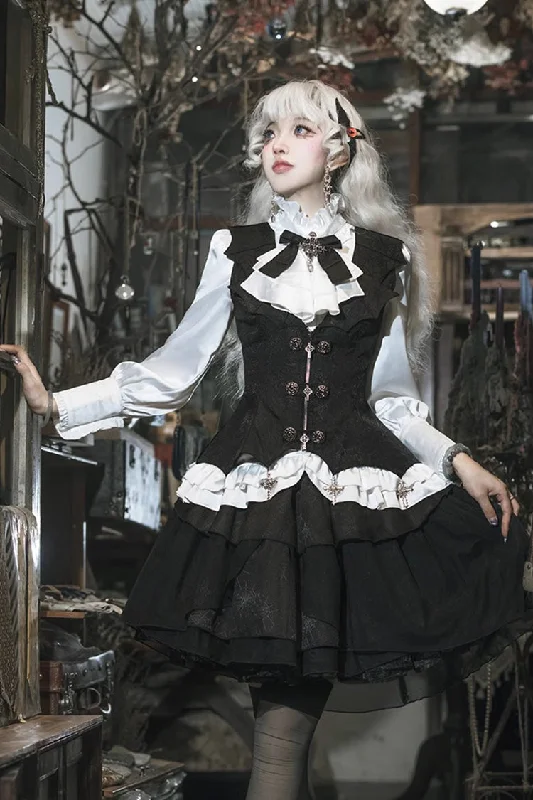 Black/White [The Duke of Blood] Multi-Layered Ruffle Bowknot Gothic Lolita Vest Skirt Set slim fit skirt
