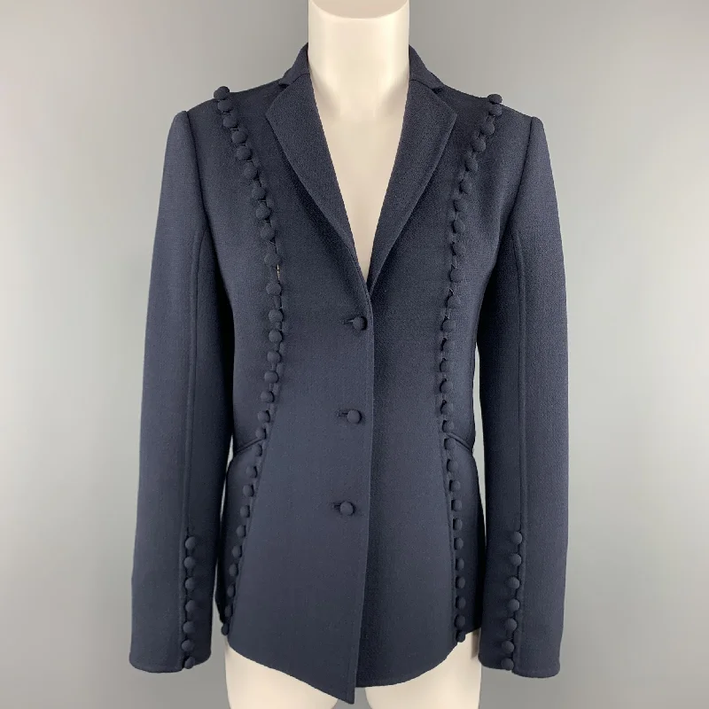 CHADO RALPH RUCCI Size 2 Navy Crepe Wool Button Trim Notch Lapel Jacket Fleece Jacket Down Jacket Feather Jacket CHADO RALPH RUCCI Size 2 Navy Crepe Wool Button Trim Notch Lapel Jacket Fleece Jacket Down Jacket Feather Jacket