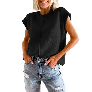 Its A Fine Line Black Cap Sleeve Knit Sweater Top (Size Large) Seamless Knitted Crochet Its A Fine Line Black Cap Sleeve Knit Sweater Top (Size Large) Seamless Knitted Crochet