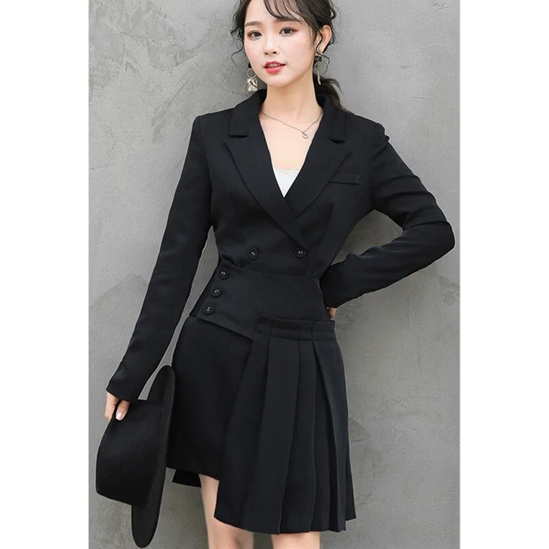 2022 casual suit collar black Slim irregular skirt + long-sleeved jacket 2 sets sexy office single-breasted jacket Welt Pockets Slit Pockets Flap Pockets 2022 casual suit collar black Slim irregular skirt + long-sleeved jacket 2 sets sexy office single-breasted jacket Welt Pockets Slit Pockets Flap Pockets