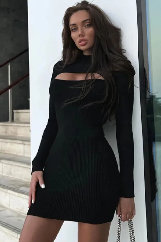 Sexy Mock Neck Cutout Ribbed Knit Long Sleeve Bodycon Sweater Mini Dress - Black Graphic Sweater Embroidered Appliqued Sexy Mock Neck Cutout Ribbed Knit Long Sleeve Bodycon Sweater Mini Dress - Black Graphic Sweater Embroidered Appliqued