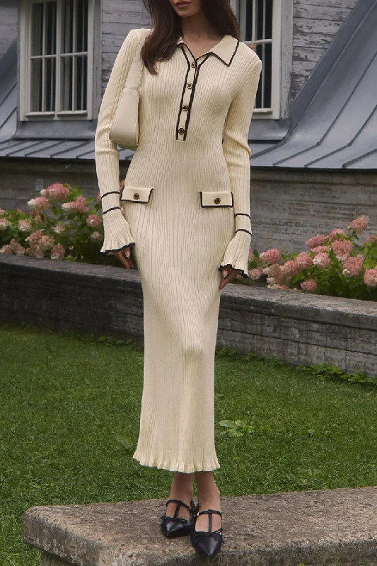 Preppy Chic Contrast Collar Button Up Long Sleeve Ribbed Knit Sweater Midi Dress - Beige Hooded Sweater Collared Sweater Shawl Collar