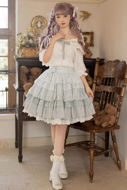 Light Blue Rose Multi-layer Ruffle Princess Sweet Lolita Skirt velvet skirt rich