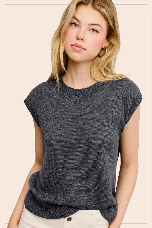 Treasured Times Dark Grey Sleeveless Ribbed Knit Sweater Top Terry Terry Cloth Terry Knit Treasured Times Dark Grey Sleeveless Ribbed Knit Sweater Top Terry Terry Cloth Terry Knit