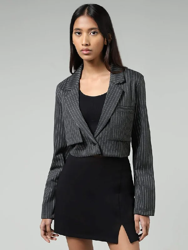 Nuon Grey Pinstriped Crop Jacket Welt Pockets Slit Pockets Flap Pockets