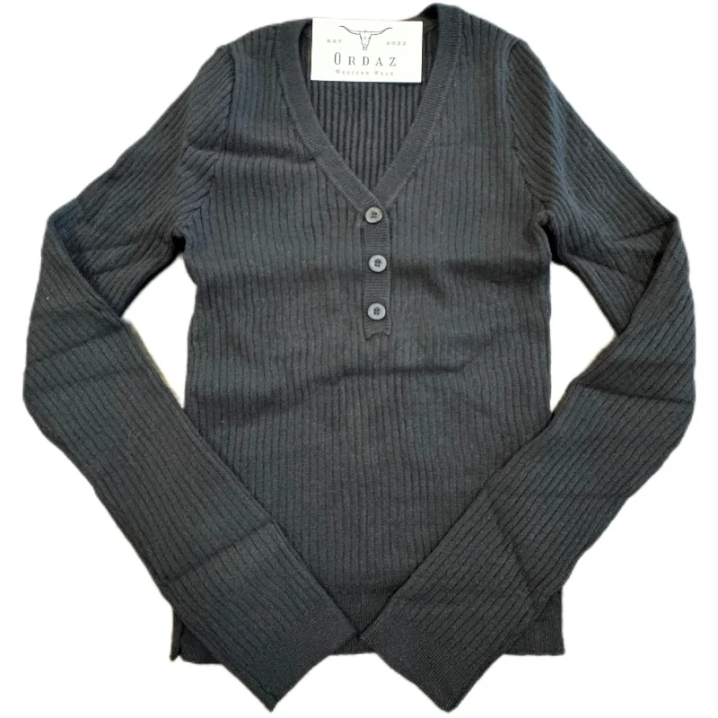 Black Henley Sweater Top High Neck Crew Neck V-Neck