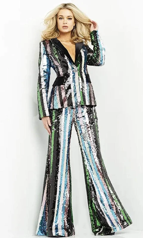 Jovani M02942 - Plunging V-Neck Sequin Pantsuit Comfy Cargo Trousers