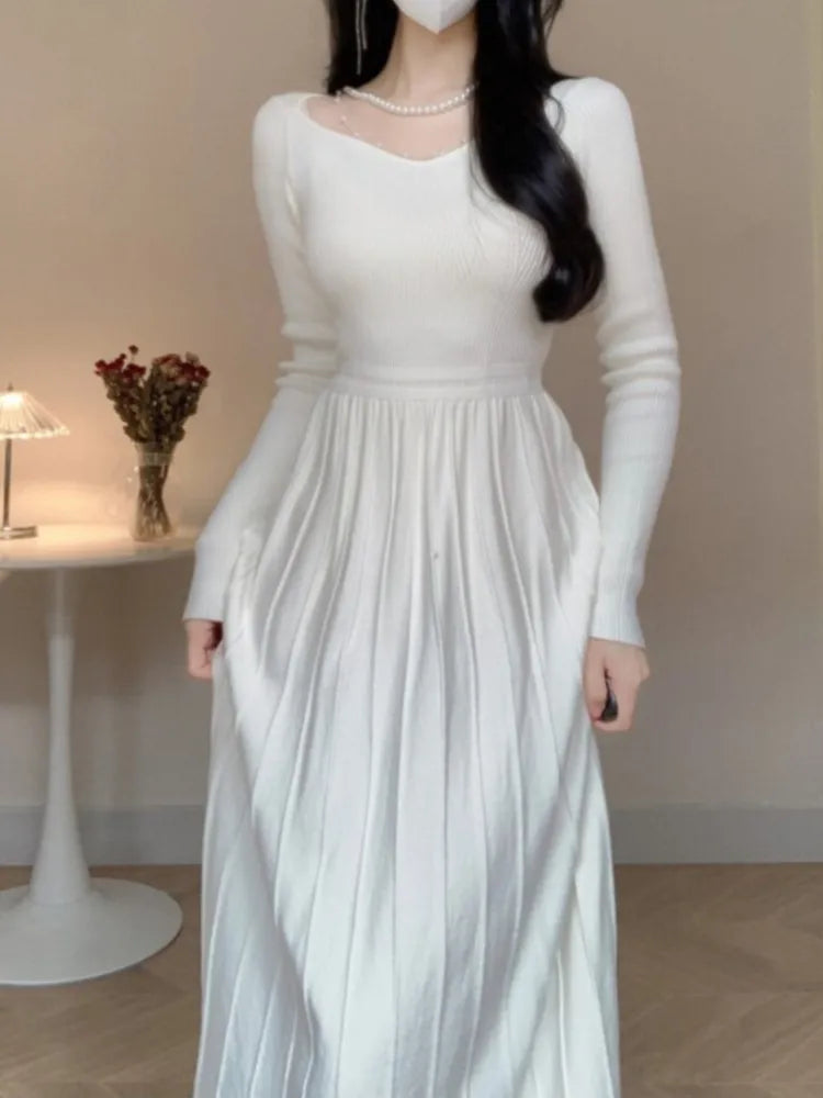 Elegant Casual Pleated Knitted Dress for Women Korean Autumn Slim A Line Sweater Dresses Long Sleeve One Piece Female Clothes Elasticated Padded Insulated Elegant Casual Pleated Knitted Dress for Women Korean Autumn Slim A Line Sweater Dresses Long Sleeve One Piece Female Clothes Elasticated Padded Insulated