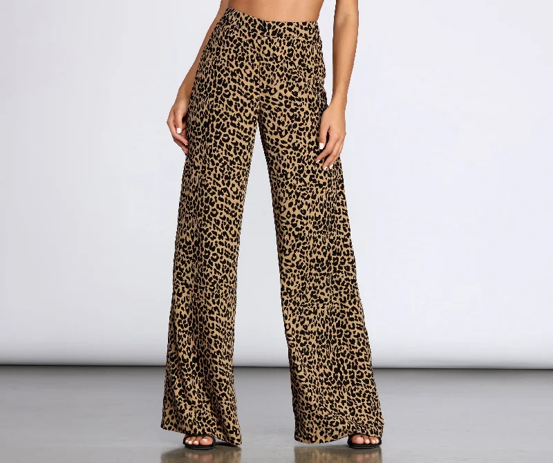 Leopard Print Wide Leg Dress Pants Classic Pleated Pants
