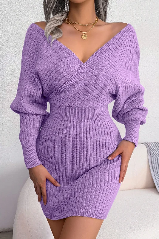Sexy Winter Wrap V Neck Rib Knit Sweater Mini Dress - Purple Chenille Blend Fleece Blend Nylon Blend Sexy Winter Wrap V Neck Rib Knit Sweater Mini Dress - Purple Chenille Blend Fleece Blend Nylon Blend