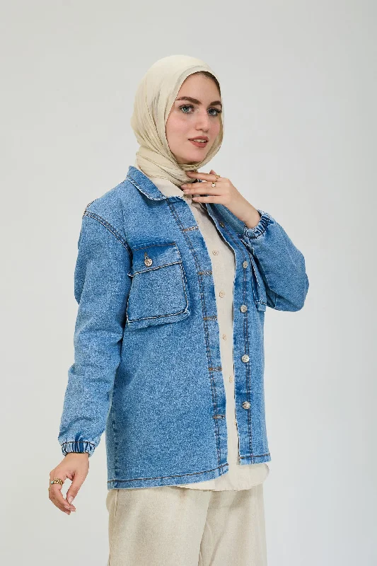 Classic Denim Jean Maxi Jacket with Pocket Detailing Wool Fabric Cashmere Fabric Tweed Fabric