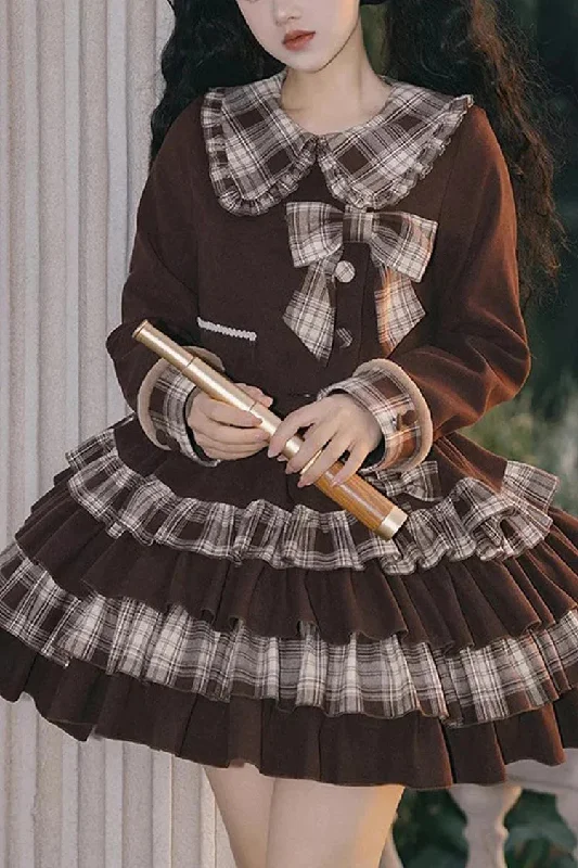 Dark Brown Multi-layer Bowknot College Style Autumn Winter Princess Sweet Lolita Skirt Set leather skirt refined