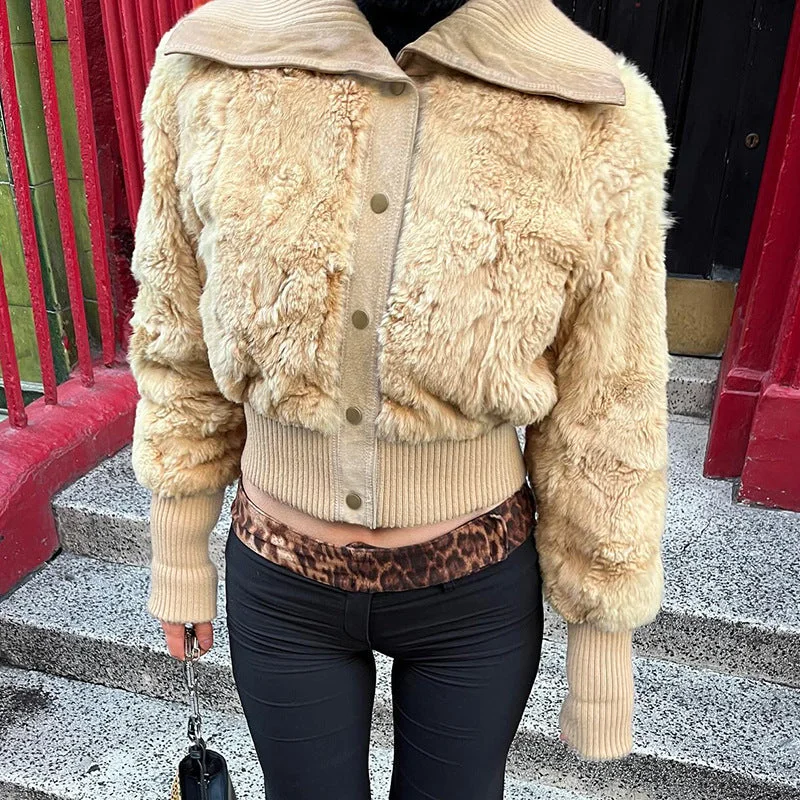 Cinessdshop christmas dress women classy American Street Style Lapel Knitted Stitching Furry Short Coat Autumn and Winter Retro Breasted Waist-Tight Jacket Hoodie Zip-Up Jacket Button-Up Jacket