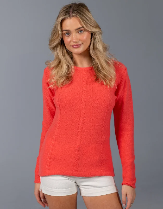 Everyday Cable Sweater in Coral Striped Floral Plaid