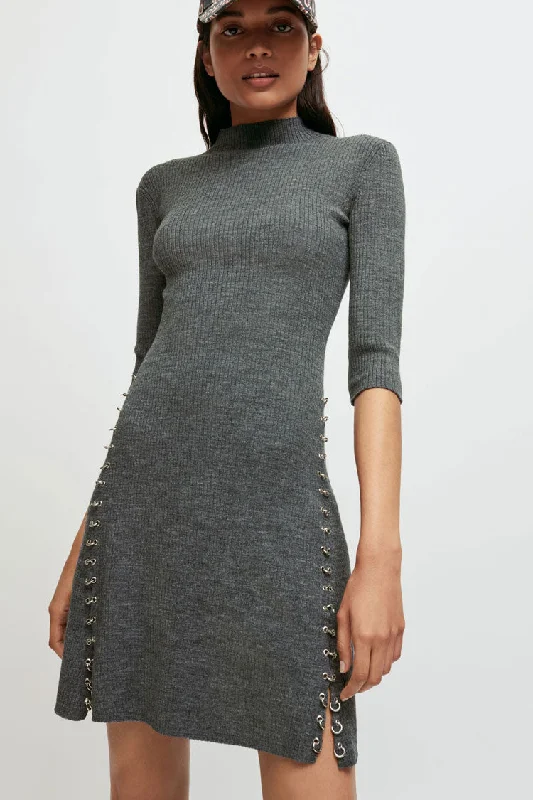 Unique Ring High Neck Winter Cashmere Sweater Mini Dress - Gray Boat Neck Shawl Collar Notched Collar Unique Ring High Neck Winter Cashmere Sweater Mini Dress - Gray Boat Neck Shawl Collar Notched Collar
