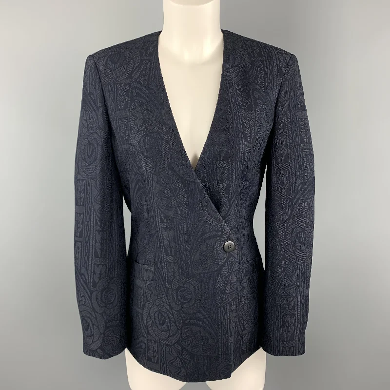 GIORGIO ARMANI Size 0 Navy Jacquard V Neck Jacket Hooded Jacket Caped Jacket Shawl Collar Jacket GIORGIO ARMANI Size 0 Navy Jacquard V Neck Jacket Hooded Jacket Caped Jacket Shawl Collar Jacket