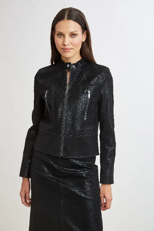Croco Embossed Vegan Leather Motto Jacket Zippered Front Buttoned Front Snap Front