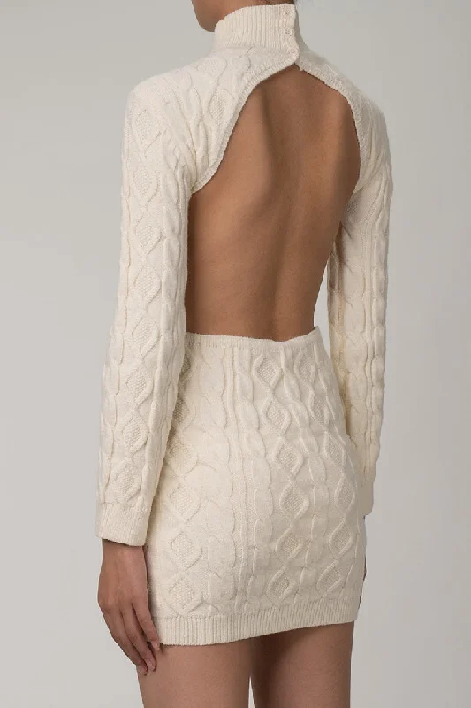 Backless High Neck Cable Knit Winter Sweater Mini Dress - Cream Faux Fur Fabric Real Fur Fabric Shearling Fabric Backless High Neck Cable Knit Winter Sweater Mini Dress - Cream Faux Fur Fabric Real Fur Fabric Shearling Fabric