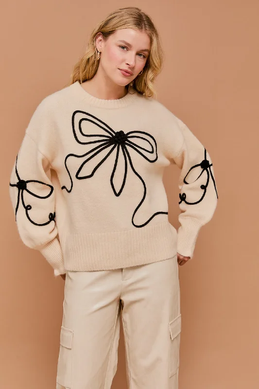 Long Sleeve Crew Neck Ribbon Sweater Top Satin Fabric Silk Fabric Chiffon Fabric