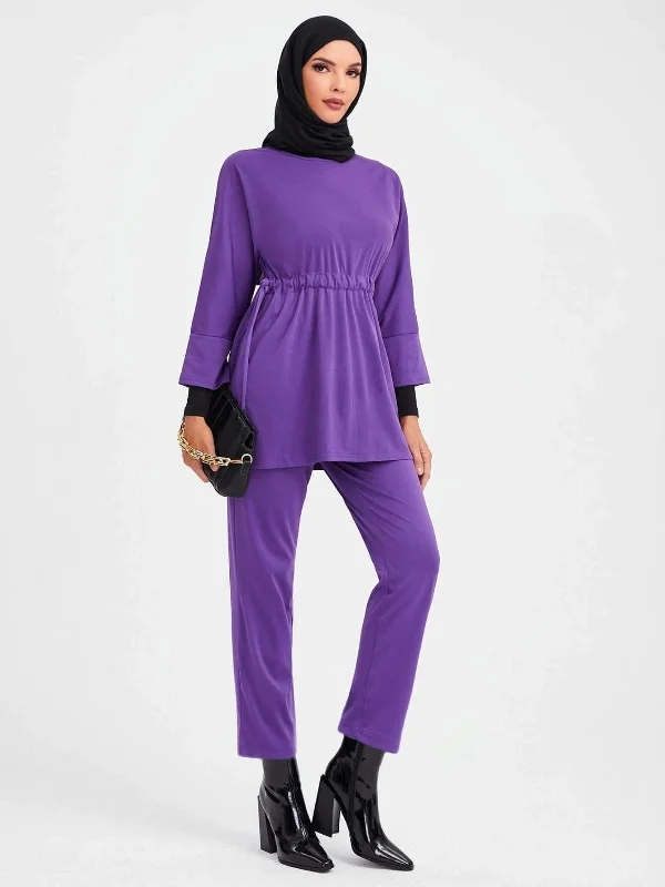 SHEIN Mulvari Drawstring Waist Top & Straight Leg Pants SD Classic Straight Pants