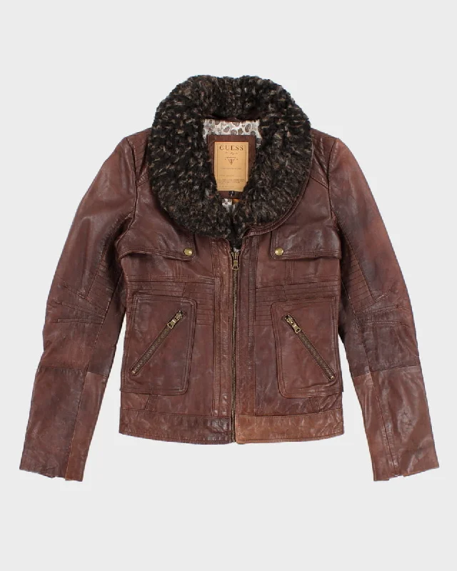Guess Brown Leather Faux Fur Jacket - XS Wool Jacket Cashmere Jacket Tweed Jacket
