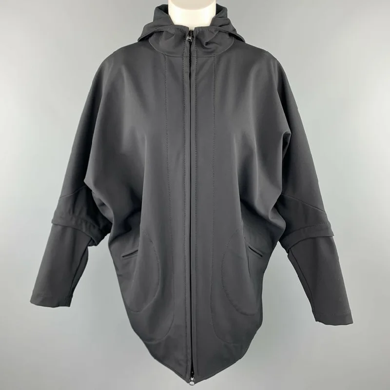 ZERO + MARIA CORNEJO Size 4 Black Nylon Blend Batwing Hooded Jacket Print Jacket Jacquard Jacket Embroidered Jacket