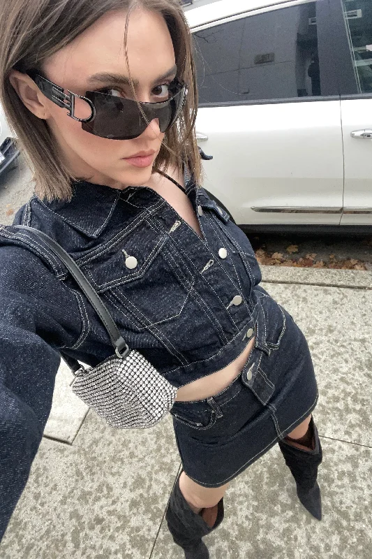 DENIM JACKET AND SKIRT SET Front Pockets Side Pockets Patch Pockets