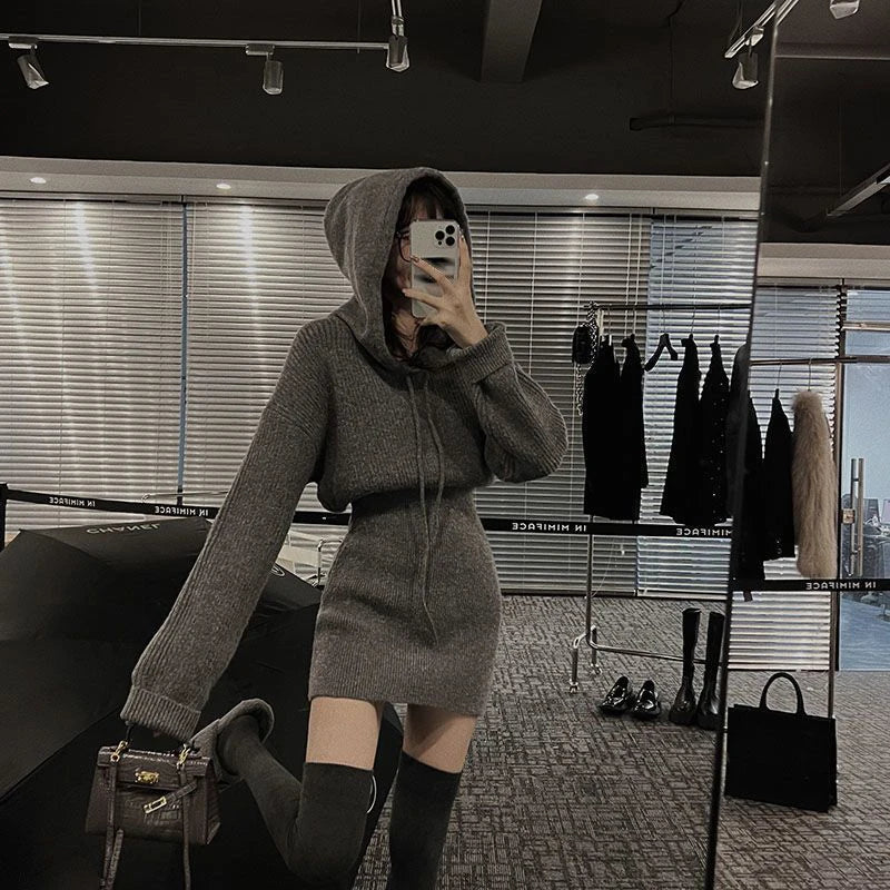 Streetwear Knitted Mini Dress Women Hooded Sweater A Line Dresses Winter Korean Solid High Waist Slim Casual Vestidos New Spandex Rayon Corduroy Streetwear Knitted Mini Dress Women Hooded Sweater A Line Dresses Winter Korean Solid High Waist Slim Casual Vestidos New Spandex Rayon Corduroy