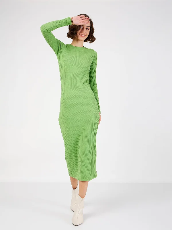 Women Green Rib Bodycon Midi Dress